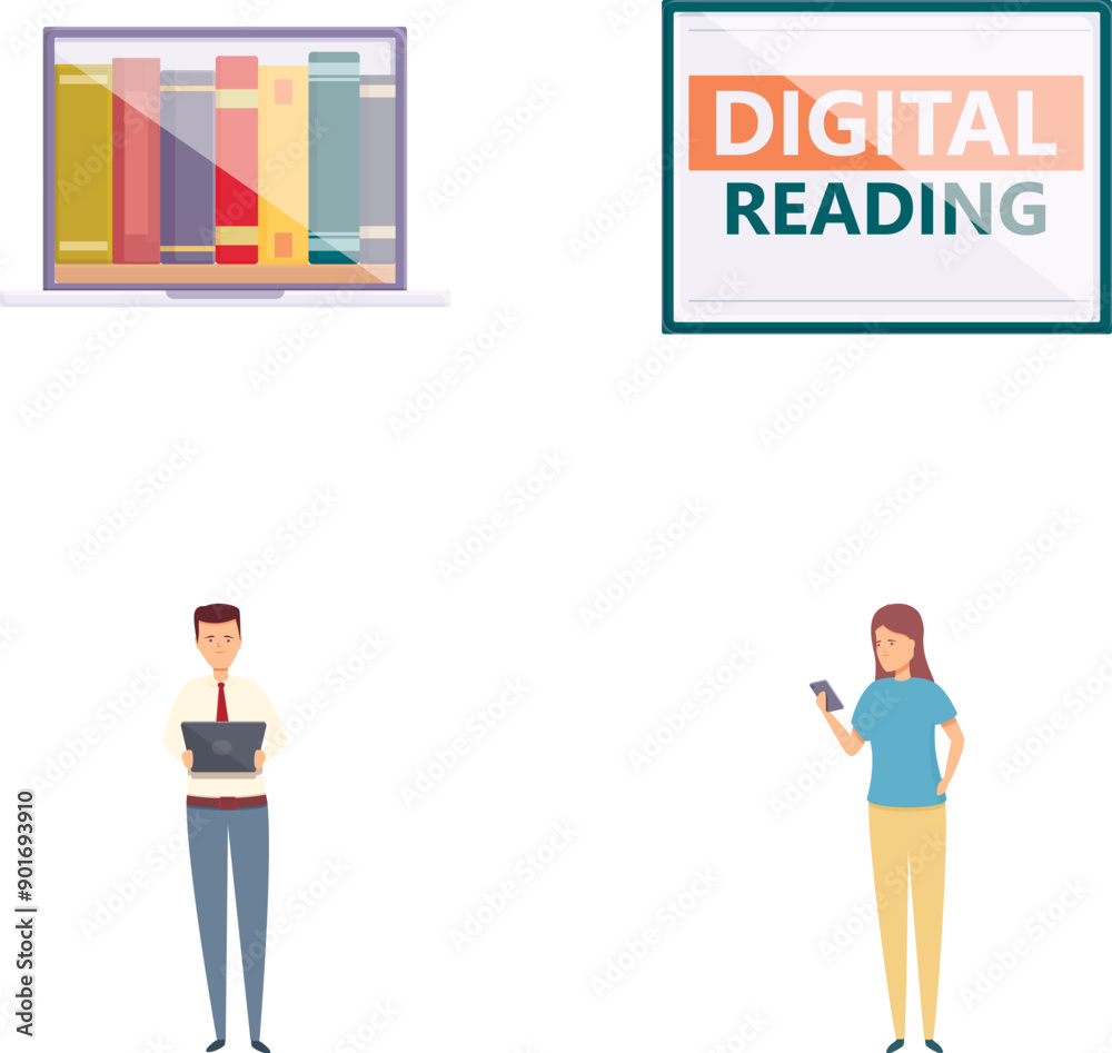 Digital reading icons set cartoon vector. People reading book in online library. Modern educational technology Digital reading icons set cartoon vector. People reading book in online library. Modern educational technology
