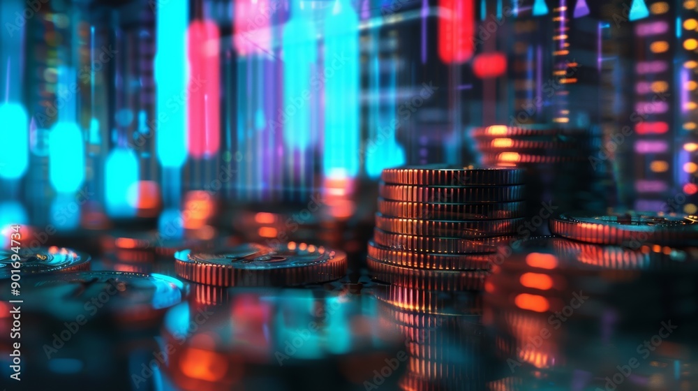 Fototapeta premium A vibrant, digitally rendered scene showcasing stacked coins amidst colorful light patterns, symbolizing cryptocurrency and financial technology