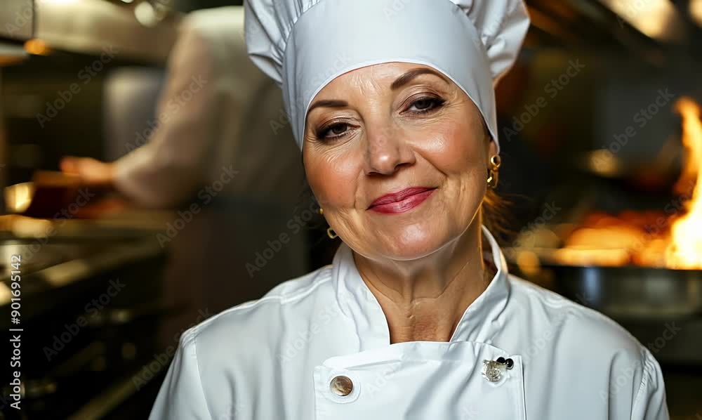Portrait of happy senior female chef in restaurant kitchen smiling at camera Portrait of happy senior female chef in restaurant kitchen smiling at camera