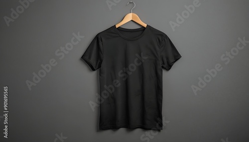 Black t-shirt mockup hanging on the wall.