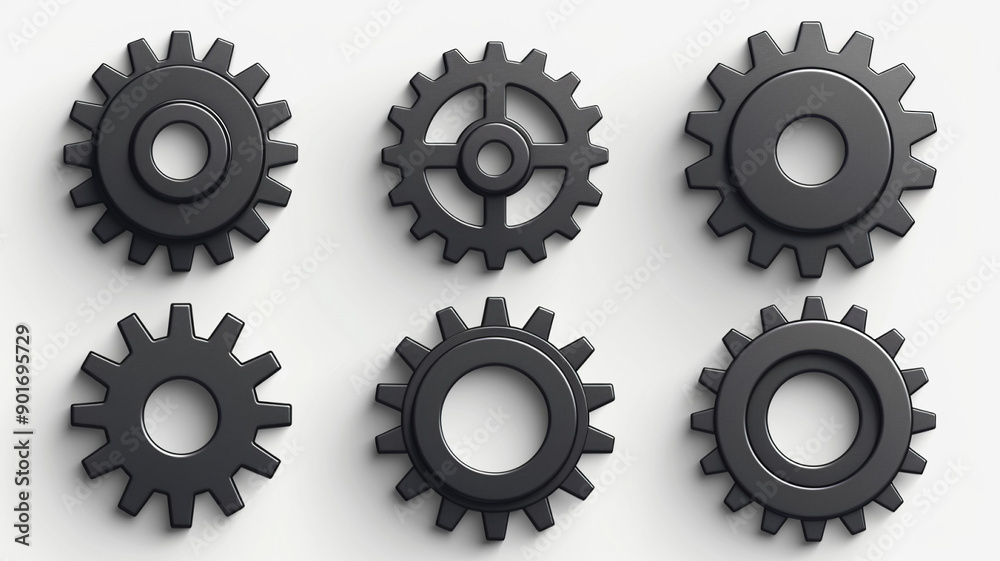 Detailed view of metallic gears and cogs on a white surface Detailed view of metallic gears and cogs on a white surface
