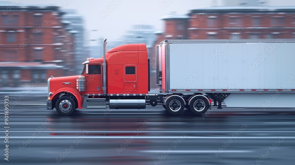 Fototapeta premium Side View of a Red Truck with Black Trailer on the Move
