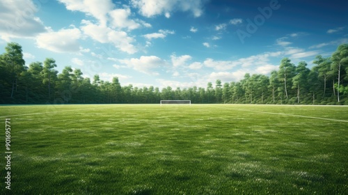 A pristine soccer field with goal posts and lush green grass