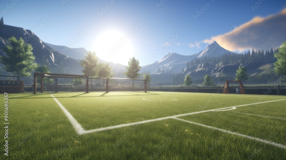 Fototapeta premium A pristine soccer field with goal posts and lush green grass