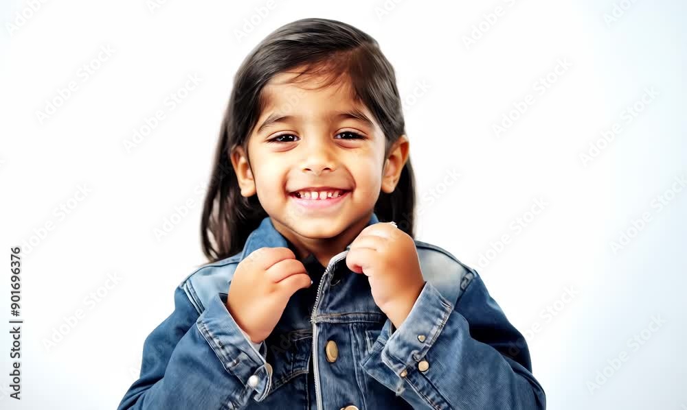 Medium shot portrait of an Indian child female against a white background wearing a denim jacket Medium shot portrait of an Indian child female against a white background wearing a denim jacket