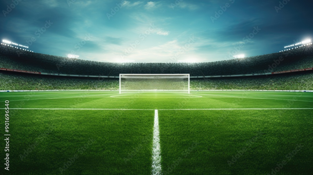 Fototapeta premium A pristine soccer field with goal posts and lush green grass
