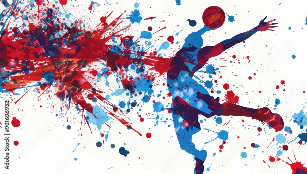 silhouette of a basketball player dunking, paint splatter background, blue and red colors Generative AI silhouette of a basketball player dunking, paint splatter background, blue and red colors Generative AI