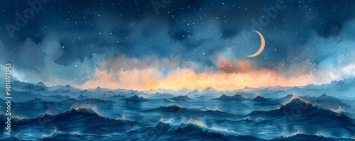 Watercolor abstract evening sky with stars and moon on white.