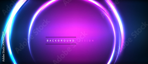 Neon glowing circle rays, light round lines in the dark, planet style neon wave lines. Energetic electric concept design for wallpaper, banner, background