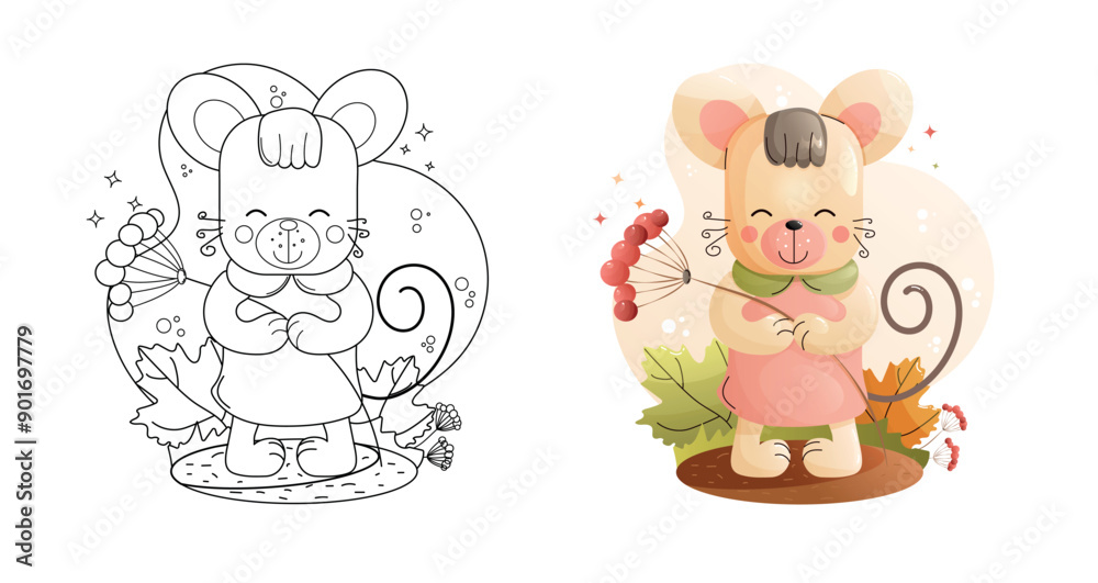 Cute Mouse Coloring Page Black and White and Colored Versions. Childrens animals set. Cute Mouse Coloring Page Black and White and Colored Versions. Childrens animals set.