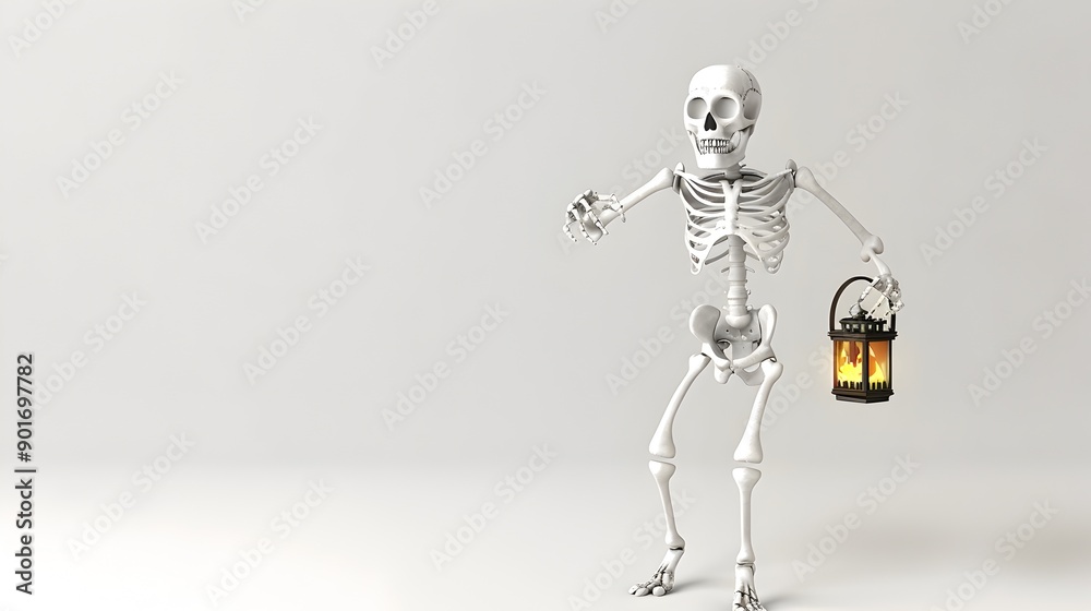 Fototapeta premium Minimalist 3D Halloween Skeleton Character Holding Lantern on White Background