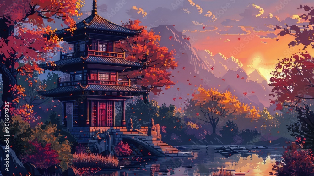 Obraz premium Peaceful pixel art featuring a traditional Asian pagoda and autumn foliage, with a dithered 8-bit sunset creating a tranquil evening atmosphere.