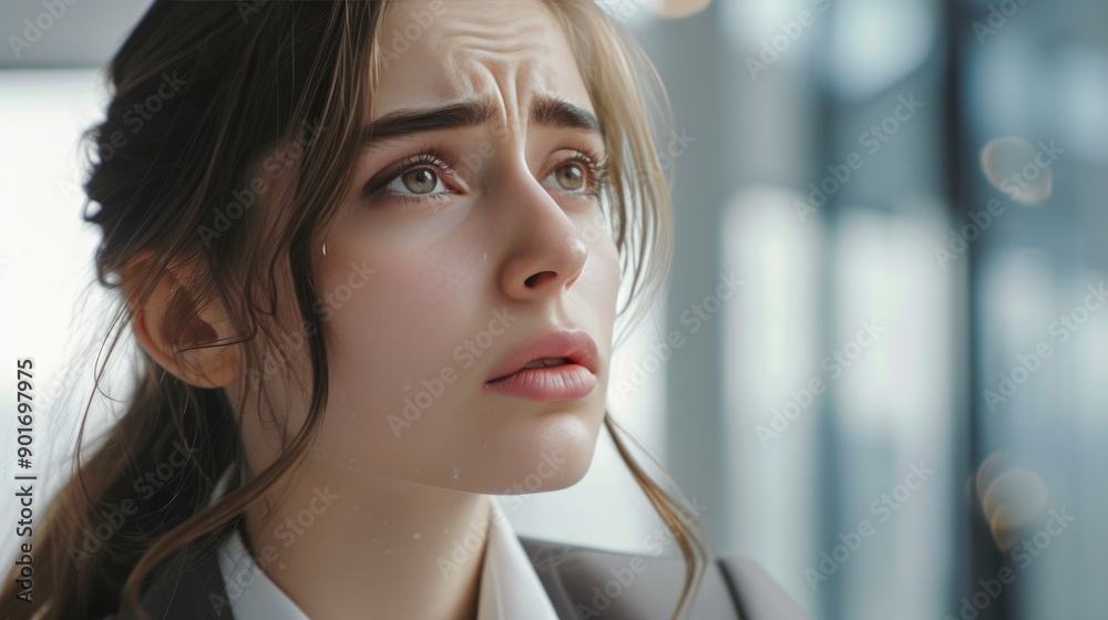 Distressed Female Worker in Sleek Office, Tearful Moment Captured Distressed Female Worker in Sleek Office, Tearful Moment Captured