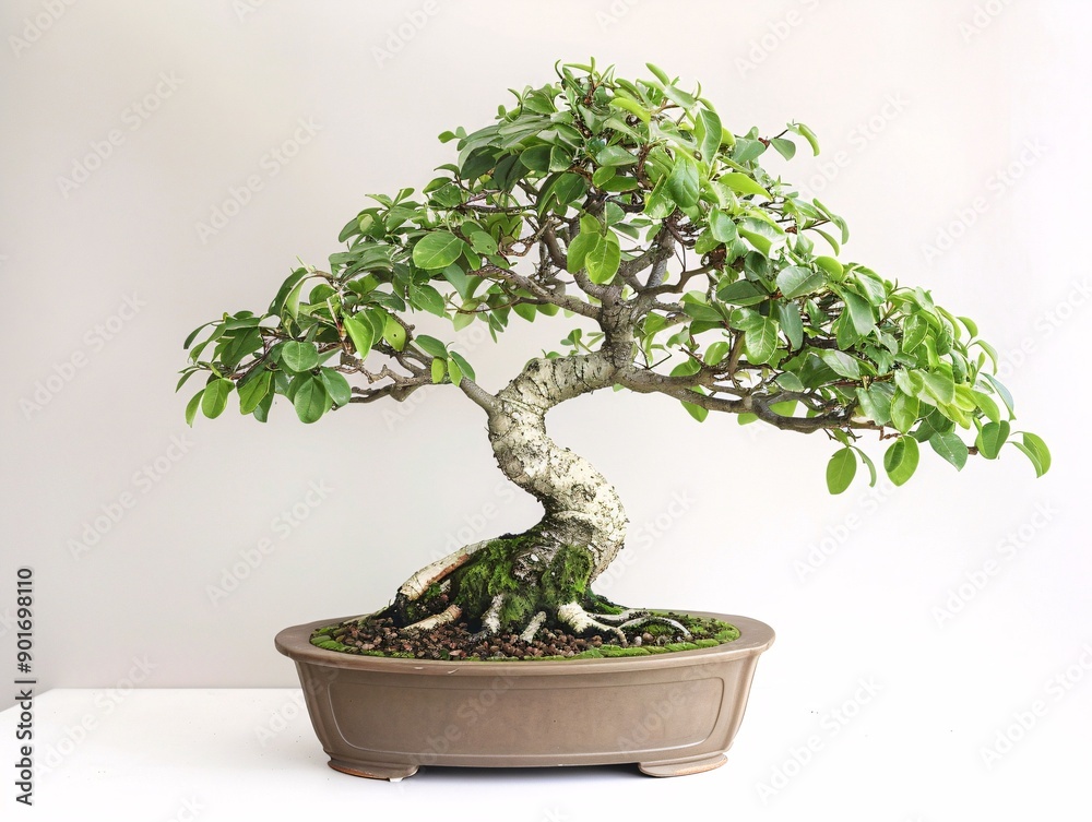 A bonsai tree in an informal upright shape, centered on a white background, demonstrating its natural and graceful curves A bonsai tree in an informal upright shape, centered on a white background, demonstrating its natural and graceful curves