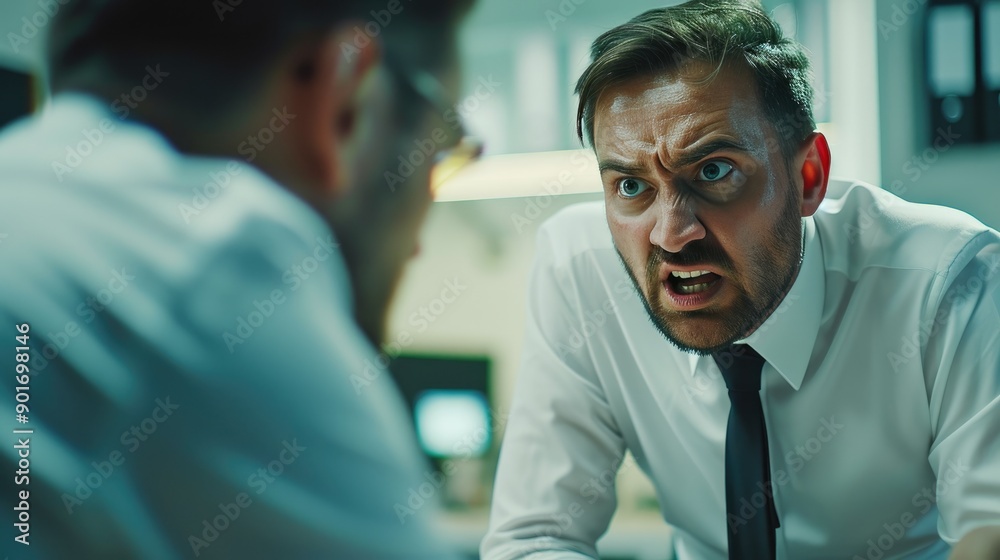 Manager Yelling at Stressed Employee in Bright Office Manager Yelling at Stressed Employee in Bright Office