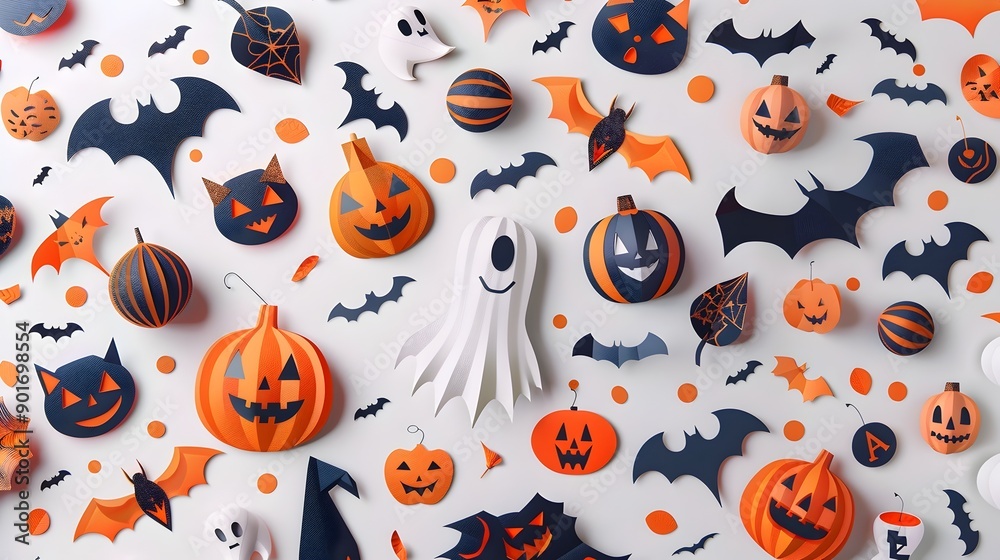 Crafting Spooky and Cute Halloween with Paper Stickers on White Background