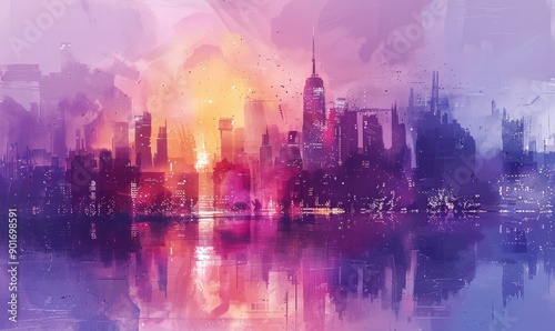 Abstract cityscape in twilight watercolor with soft brushes.