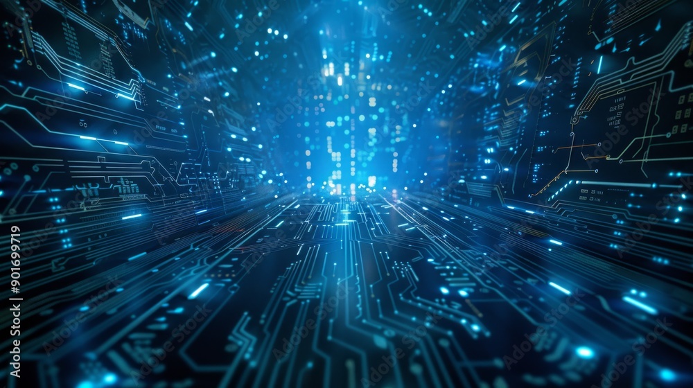 Blue futuristic background, circuit board, central composition