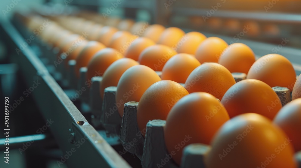 Fototapeta premium Fresh Eggs Traveling Down Conveyor Belt