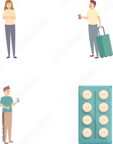 Time lag icons set cartoon vector. Tired tourist after air travel. Flight, jet lag