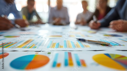 Multinational business people working together on business project in office area and there are planning, business analysis documents with charts, statistics on the table