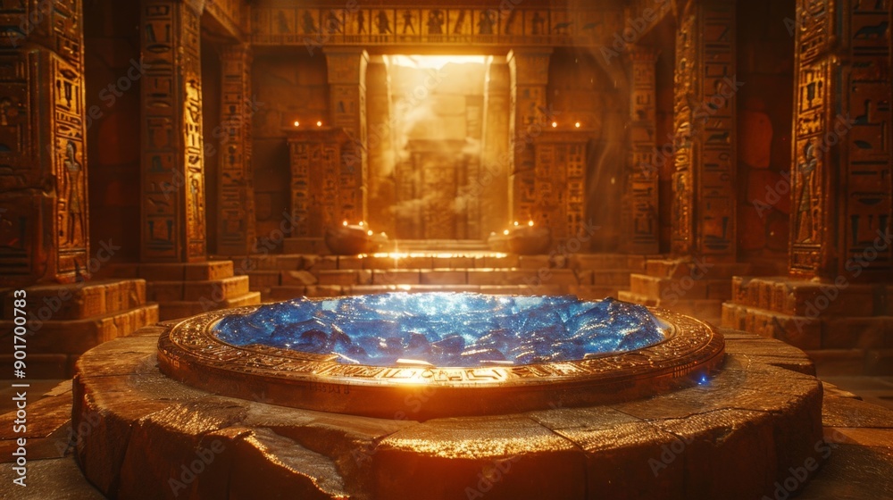 Ancient temple chamber with glowing blue crystal pool