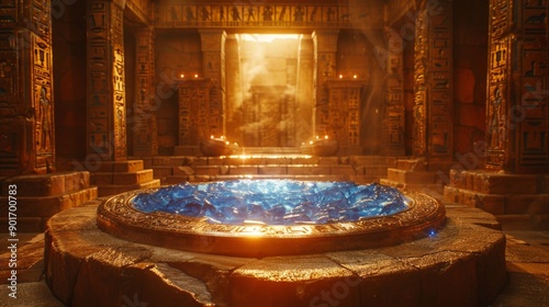 Obraz na płótnie Ancient temple chamber with glowing blue crystal pool
w salonie