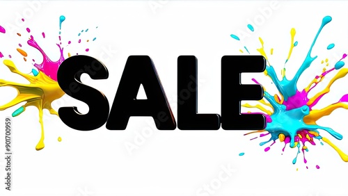 Black SALE text on white background with multicolored colorful bright paint splashes, retail promotions, discounts and social media marketing. Sale offer banner.