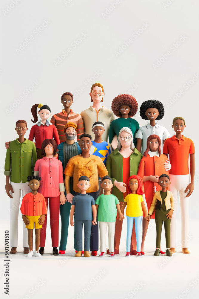 Obraz premium Diverse group of 3D characters, showcasing multiculturalism, unity, and inclusion, with people of different ages and backgrounds. 