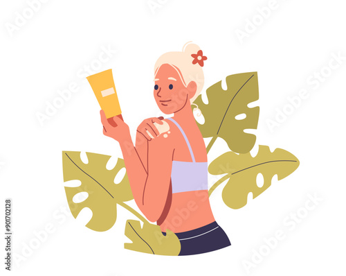 Young Woman Applying Skincare Lotion With Tropical Leaves In The Background. Concept Of Skincare, Self-care Routines