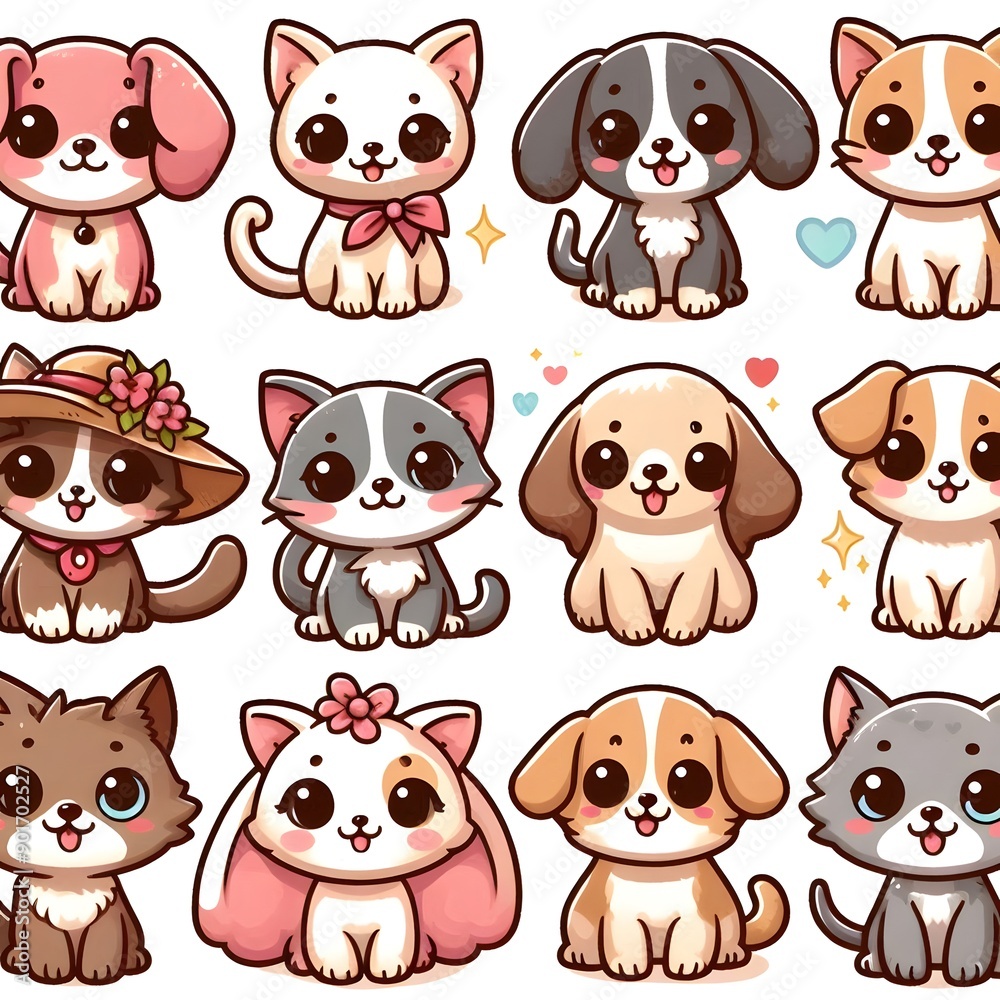 Obraz premium Cute Cartoon Animals Set Dogs and Cats with Big Eyes