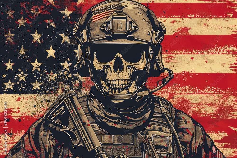 Obraz premium American Veteran Skull: Strength and Patriotism