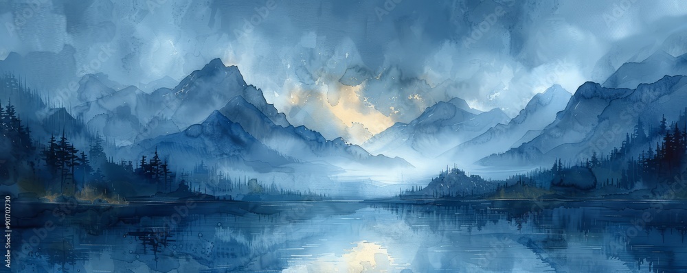 Abstract stormy sky over a mountain range in watercolor. Abstract stormy sky over a mountain range in watercolor.