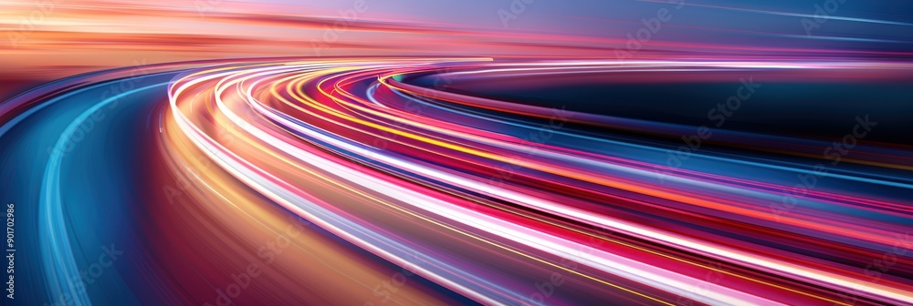Abstract image of light trails on a road, depicting speed and motion during twilight with vibrant colors. Abstract image of light trails on a road, depicting speed and motion during twilight with vibrant colors.