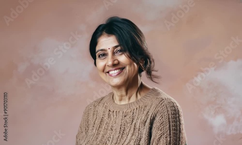 Medium shot portrait of an Indian woman in her 40s against a pastel or soft colors background wearing a cozy sweater