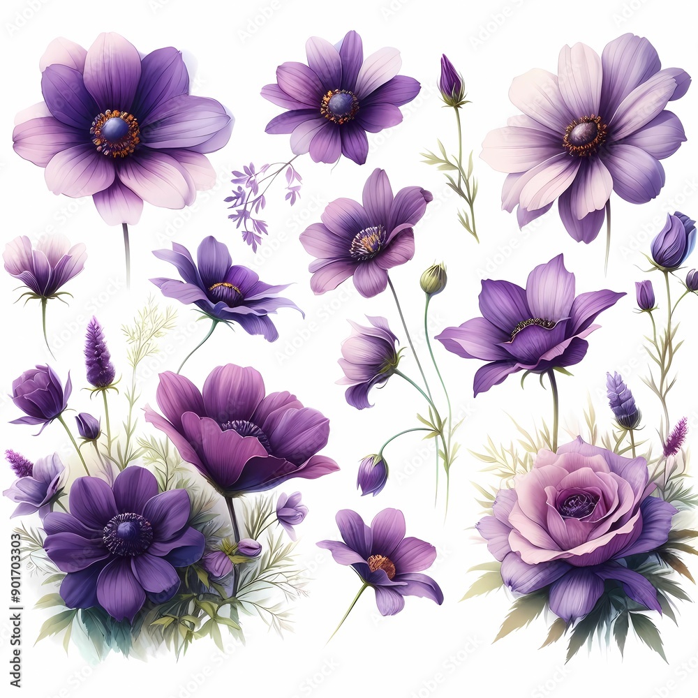 Obraz premium a collection of purple flowers with the word spring on the bottom.