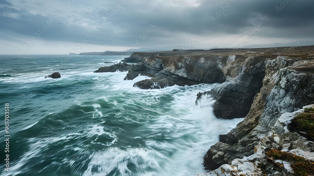 Dramatic Coastline with Crashing Waves and Rugged Cliffs in Stormy Weather Dramatic Coastline with Crashing Waves and Rugged Cliffs in Stormy Weather