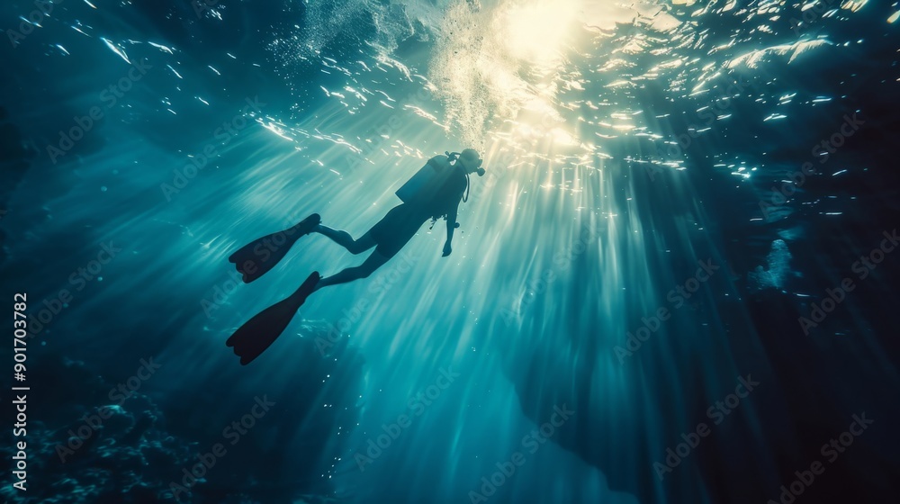 Fototapeta premium Underwater diver swims towards sunlight. Explore the ocean depths with a scuba diver. Adventure awaits beneath the surface of the sea.