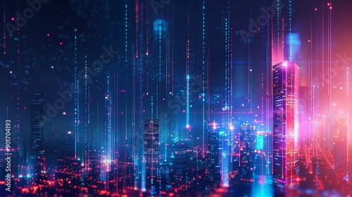 cityscape with space and neon light effect. Modern hi-tech, science, futuristic technology concept. Abstract digital high tech city design for banner background