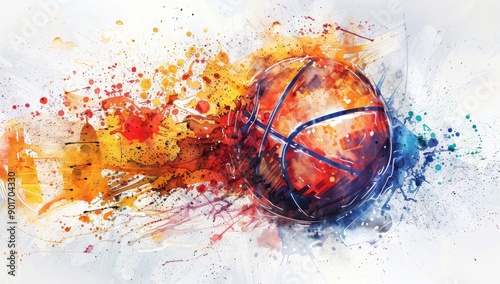 abstract basketball on a white background in the style of watercolor splashes and ink drops Generative AI