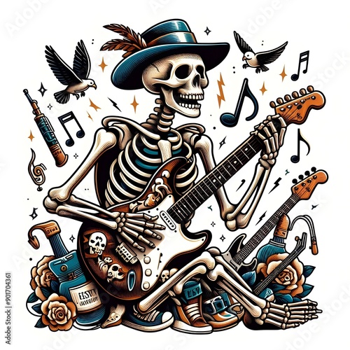 Skeleton Playing Electric Guitar with Musical Notes and Accessories