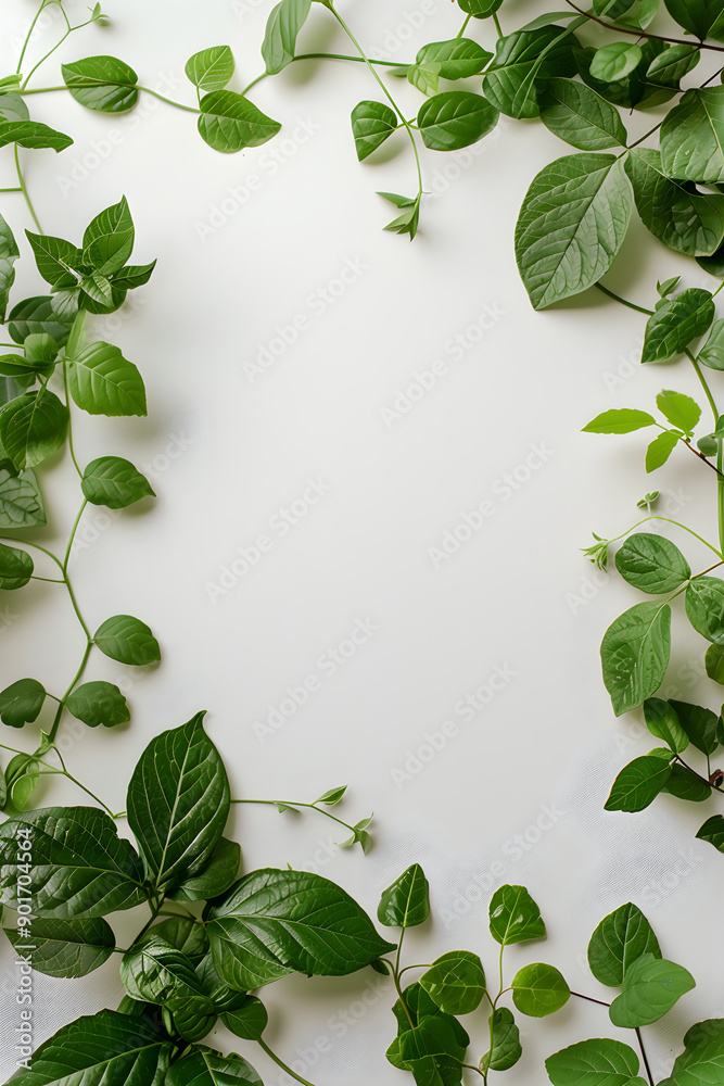 Frame of leaves on a white background. Design a vertical banner template for advertising, summer cards, invitations, posters with place for text Frame of leaves on a white background. Design a vertical banner template for advertising, summer cards, invitations, posters with place for text