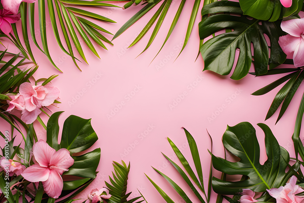 Frame of palm leaves on a pink background. Design banner template for advertising, summer cards, invitations, posters with place for text Frame of palm leaves on a pink background. Design banner template for advertising, summer cards, invitations, posters with place for text