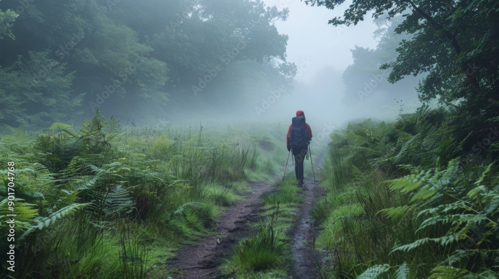 Solo hiker walks along a misty forest path with lush green ferns and tall trees. A serene morning in nature with lush greenery and low visibility. Solo hiker walks along a misty forest path with lush green ferns and tall trees. A serene morning in nature with lush greenery and low visibility.