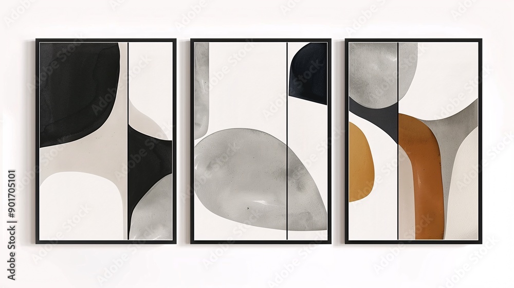 Fototapeta premium Three modern abstract posters featuring a continuous minimalistic image, each piece contributing to a cohesive and elegant composition on a white background