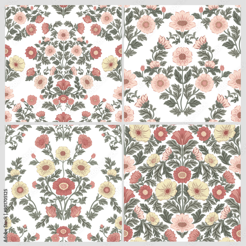 Fototapeta premium A set of 4 seamless patterns featuring folk art design elements with flowers on a white background. Ideal for fabric printing, wallpapers, gift wrap, and home decor, adding a traditional, 