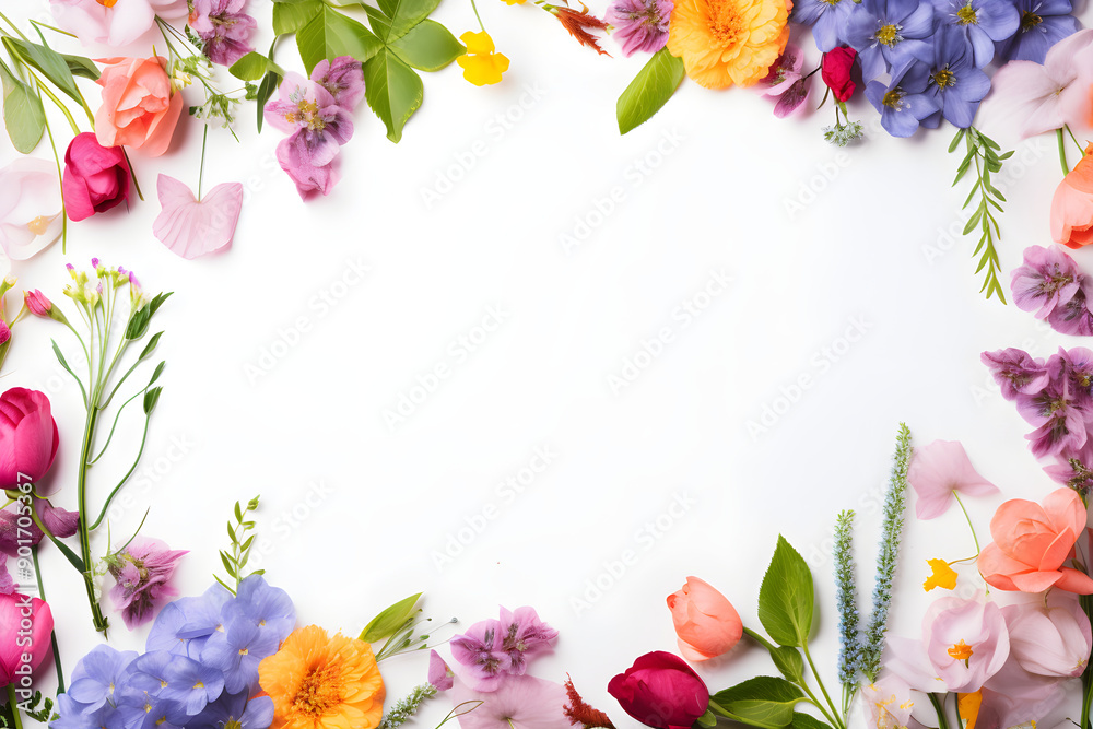 Frame of flowers on a white background. Design banner template for advertising, summer cards, invitations, posters with place for text. Summertime and spring Frame of flowers on a white background. Design banner template for advertising, summer cards, invitations, posters with place for text. Summertime and spring