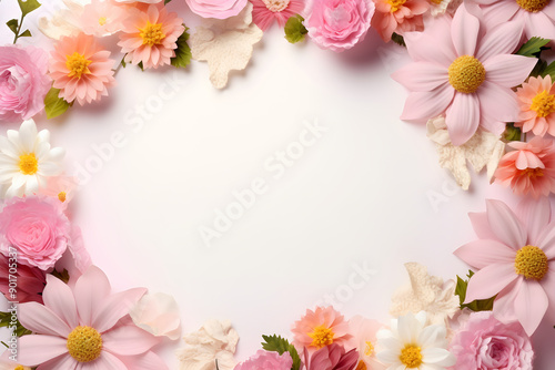 Frame of summer garden flowers on a white background. Design banner template for advertising, summer cards, invitations, posters with place for text