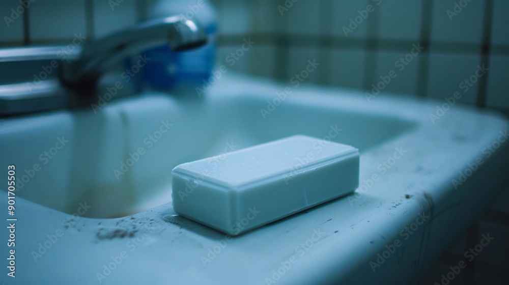 Soap bar rests on a sink in a public restroom, showcasing cleanliness and hygiene. White, blue, and green hues contrast with surrounding surfaces Soap bar rests on a sink in a public restroom, showcasing cleanliness and hygiene. White, blue, and green hues contrast with surrounding surfaces