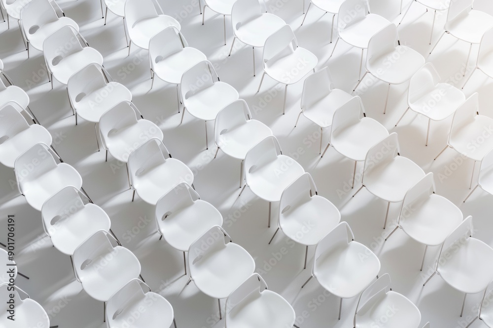 Fototapeta premium The white space, white chairs are arranged together regularly.